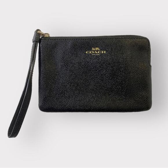Coach Leather Crossgrain Corner Zip Wristlet Black - Picture 1 of 8